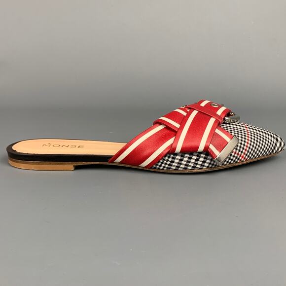 MONSE Size 8 Red & Black Fabric Buckle Pointed Toe Mule Flats - Picture 1 of 1